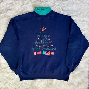 Vintage Garment Graphics Blue Turtleneck Sweatshirt Share the Love of the Season